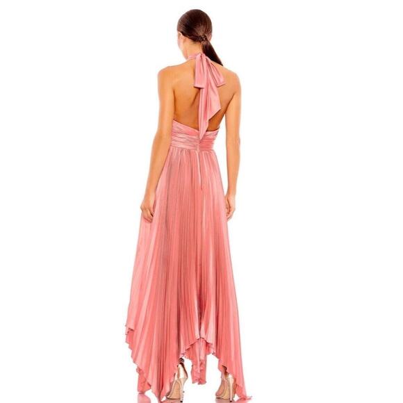 NWT Mac Duggal 11302 Rose Pink Pleated Halter Neck Asymmetrical Hem Gown Size 6 - Picture 2 of 13
